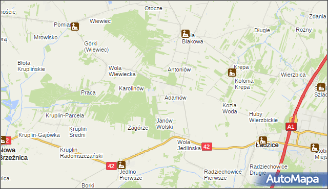 mapa Adamów gmina Ładzice, Adamów gmina Ładzice na mapie Targeo