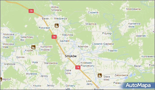 mapa Adamów gmina Smyków, Adamów gmina Smyków na mapie Targeo