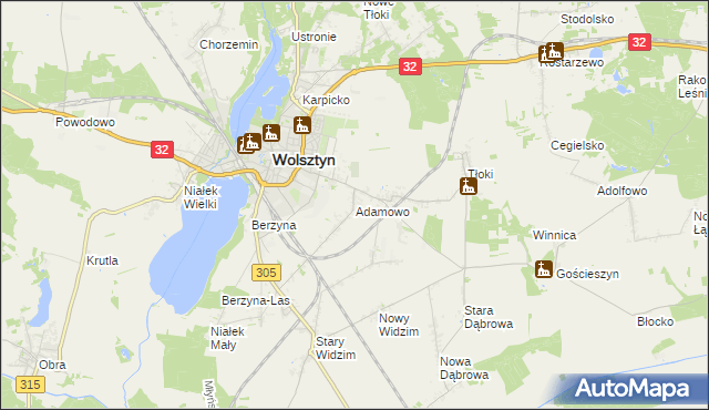 mapa Adamowo gmina Wolsztyn, Adamowo gmina Wolsztyn na mapie Targeo