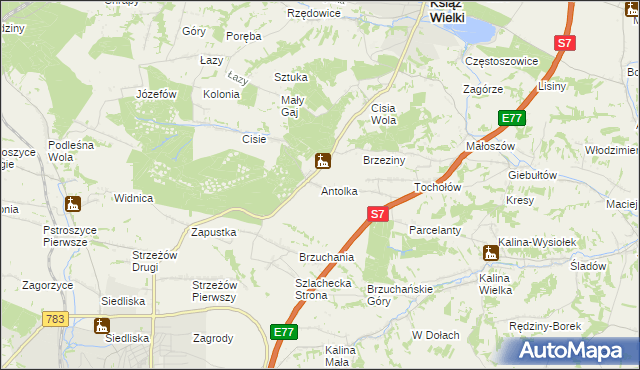 mapa Antolka gmina Książ Wielki, Antolka gmina Książ Wielki na mapie Targeo