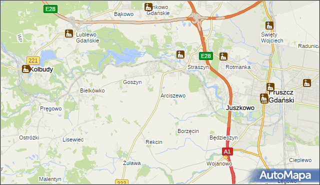 mapa Arciszewo gmina Pruszcz Gdański, Arciszewo gmina Pruszcz Gdański na mapie Targeo