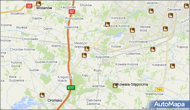 mapa Augustów gmina Kowala, Augustów gmina Kowala na mapie Targeo