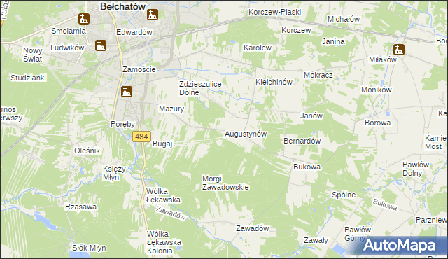 mapa Augustynów gmina Bełchatów, Augustynów gmina Bełchatów na mapie Targeo