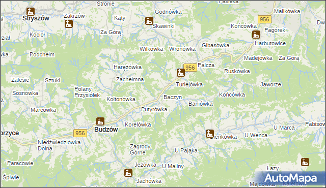 mapa Baczyn gmina Budzów, Baczyn gmina Budzów na mapie Targeo