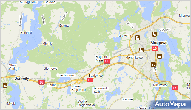 mapa Bagienice Małe gmina Mrągowo, Bagienice Małe gmina Mrągowo na mapie Targeo