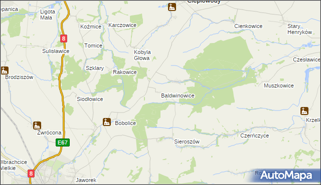 mapa Baldwinowice gmina Ciepłowody, Baldwinowice gmina Ciepłowody na mapie Targeo