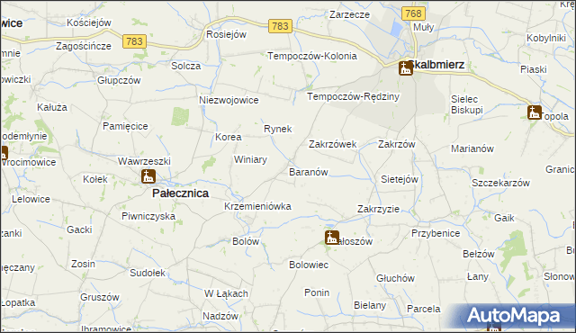 mapa Baranów gmina Skalbmierz, Baranów gmina Skalbmierz na mapie Targeo