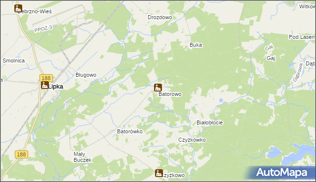 mapa Batorowo gmina Lipka, Batorowo gmina Lipka na mapie Targeo