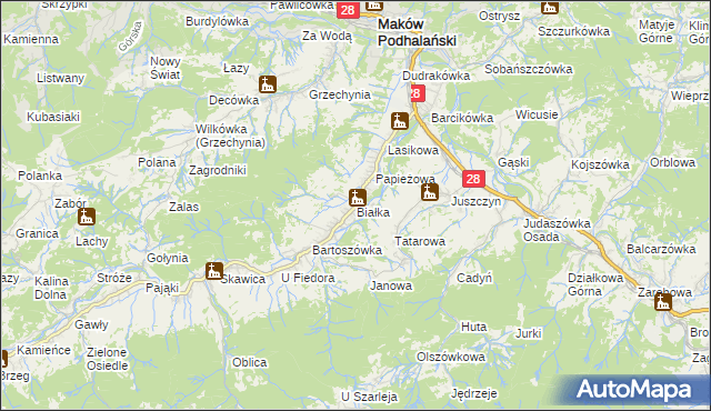 mapa Białka gmina Maków Podhalański, Białka gmina Maków Podhalański na mapie Targeo