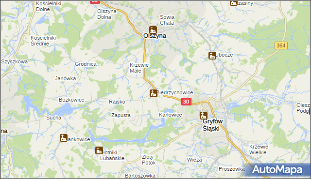 mapa Biedrzychowice gmina Olszyna, Biedrzychowice gmina Olszyna na mapie Targeo