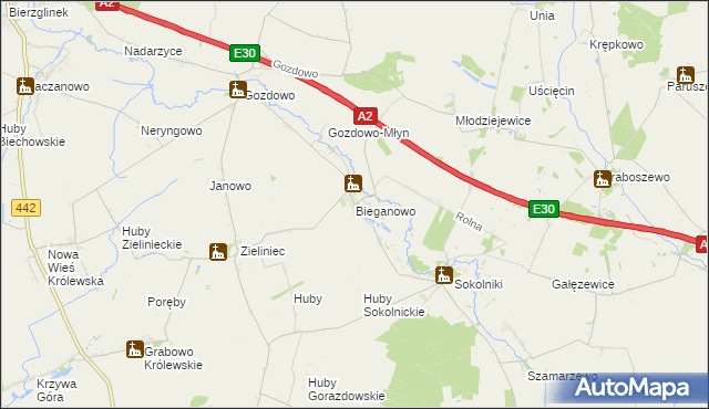 mapa Bieganowo gmina Kołaczkowo, Bieganowo gmina Kołaczkowo na mapie Targeo