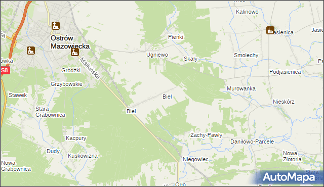 mapa Biel gmina Ostrów Mazowiecka, Biel gmina Ostrów Mazowiecka na mapie Targeo