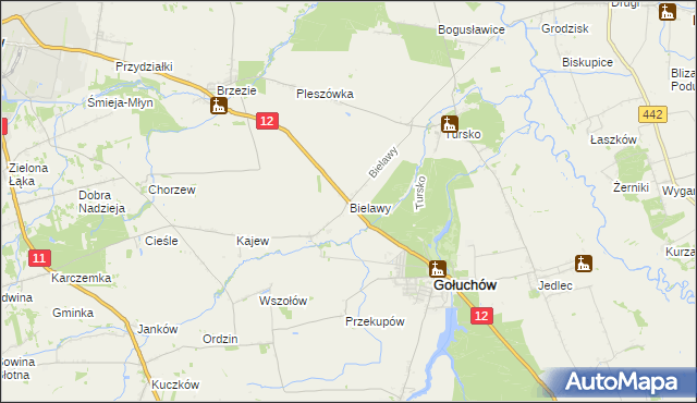 mapa Bielawy gmina Gołuchów, Bielawy gmina Gołuchów na mapie Targeo