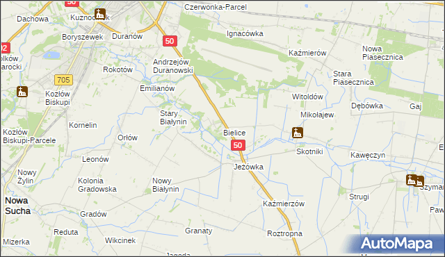 mapa Bielice gmina Sochaczew, Bielice gmina Sochaczew na mapie Targeo