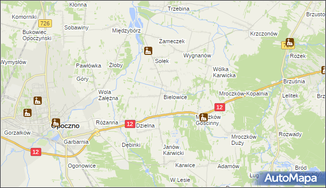 mapa Bielowice gmina Opoczno, Bielowice gmina Opoczno na mapie Targeo