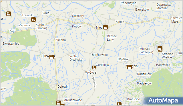 mapa Bieńkowice gmina Drwinia, Bieńkowice gmina Drwinia na mapie Targeo