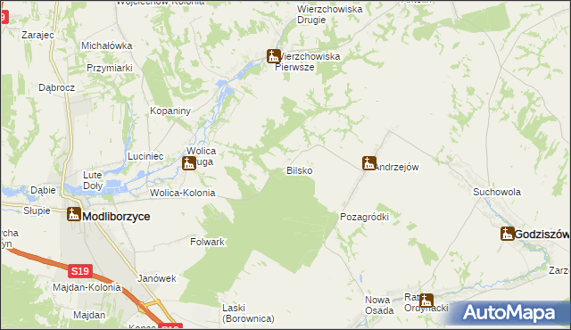 mapa Bilsko gmina Modliborzyce, Bilsko gmina Modliborzyce na mapie Targeo