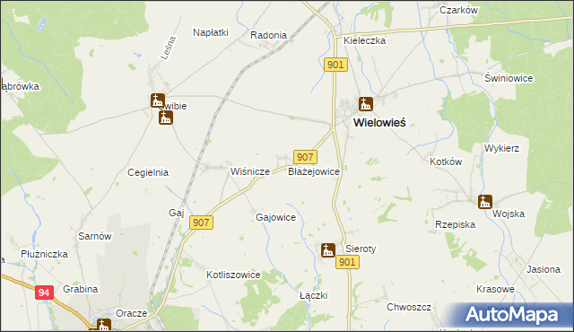 mapa Błażejowice gmina Wielowieś, Błażejowice gmina Wielowieś na mapie Targeo