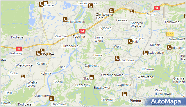 mapa Błonie gmina Tarnów, Błonie gmina Tarnów na mapie Targeo