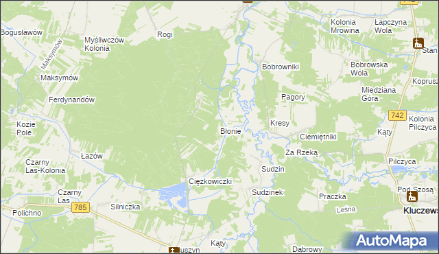 mapa Błonie gmina Wielgomłyny, Błonie gmina Wielgomłyny na mapie Targeo