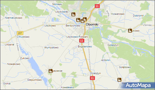 mapa Bogdanowo gmina Oborniki, Bogdanowo gmina Oborniki na mapie Targeo