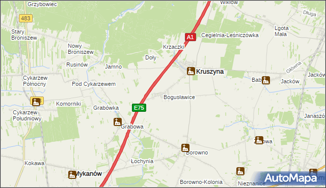 mapa Bogusławice gmina Kruszyna, Bogusławice gmina Kruszyna na mapie Targeo