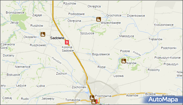 mapa Bogusławice gmina Sadowie, Bogusławice gmina Sadowie na mapie Targeo