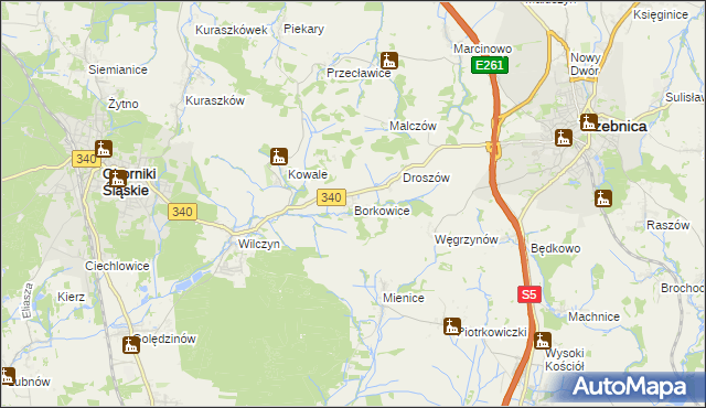 mapa Borkowice gmina Oborniki Śląskie, Borkowice gmina Oborniki Śląskie na mapie Targeo