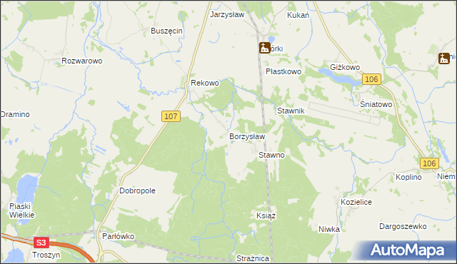 mapa Borzysław gmina Kamień Pomorski, Borzysław gmina Kamień Pomorski na mapie Targeo