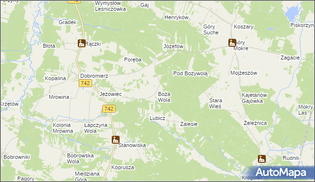 mapa Boża Wola gmina Kluczewsko, Boża Wola gmina Kluczewsko na mapie Targeo