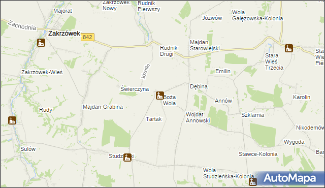 mapa Boża Wola gmina Zakrzew, Boża Wola gmina Zakrzew na mapie Targeo