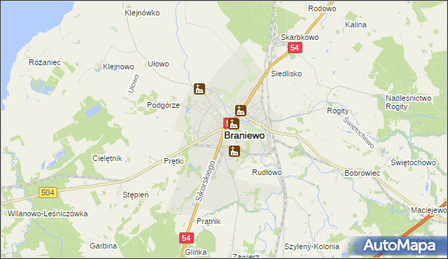 mapa Braniewo, Braniewo na mapie Targeo