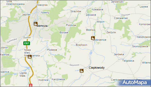 mapa Brochocin gmina Ciepłowody, Brochocin gmina Ciepłowody na mapie Targeo