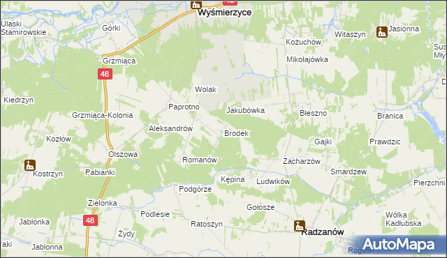 mapa Brodek gmina Wyśmierzyce, Brodek gmina Wyśmierzyce na mapie Targeo