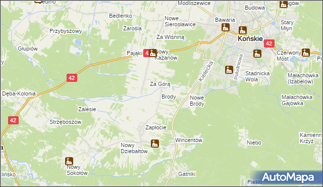 mapa Brody gmina Końskie, Brody gmina Końskie na mapie Targeo