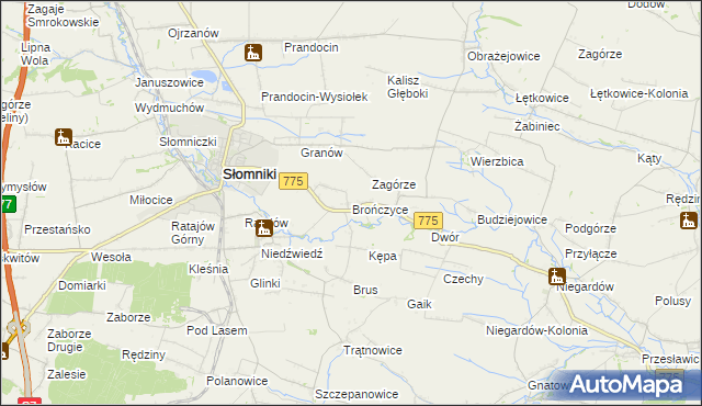 mapa Brończyce gmina Słomniki, Brończyce gmina Słomniki na mapie Targeo