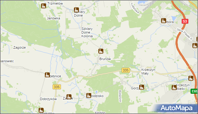 mapa Brunów gmina Chocianów, Brunów gmina Chocianów na mapie Targeo