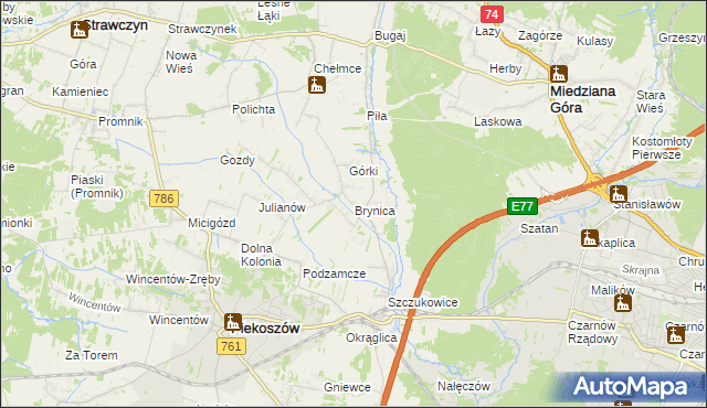 mapa Brynica gmina Piekoszów, Brynica gmina Piekoszów na mapie Targeo