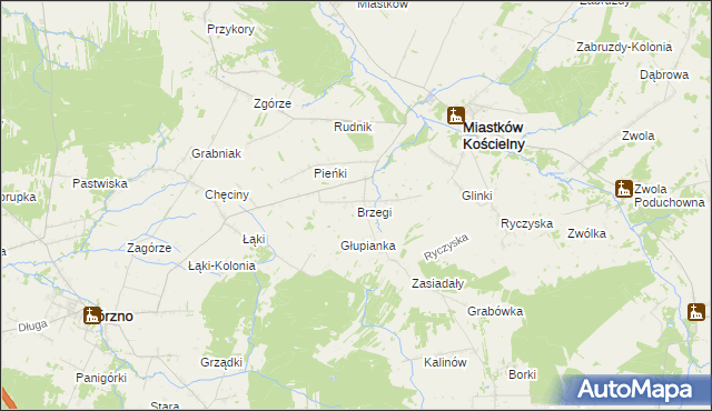 mapa Brzegi gmina Miastków Kościelny, Brzegi gmina Miastków Kościelny na mapie Targeo