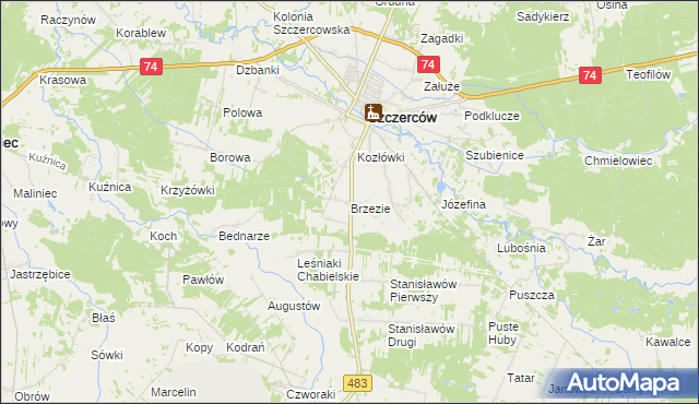 mapa Brzezie gmina Szczerców, Brzezie gmina Szczerców na mapie Targeo