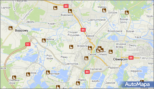 mapa Brzezinka gmina Oświęcim, Brzezinka gmina Oświęcim na mapie Targeo