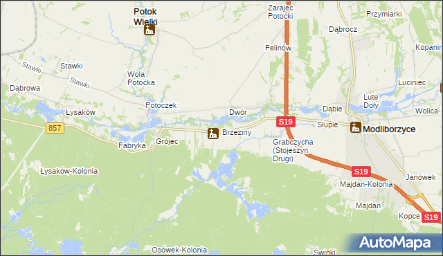 mapa Brzeziny gmina Modliborzyce, Brzeziny gmina Modliborzyce na mapie Targeo