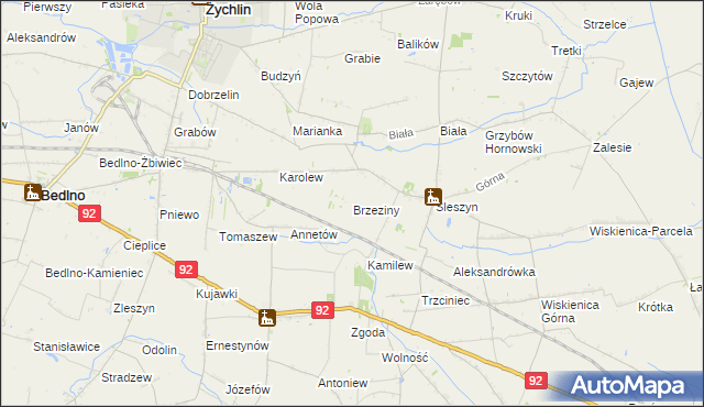 mapa Brzeziny gmina Żychlin, Brzeziny gmina Żychlin na mapie Targeo