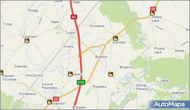 mapa Brzeźno gmina Lubicz, Brzeźno gmina Lubicz na mapie Targeo