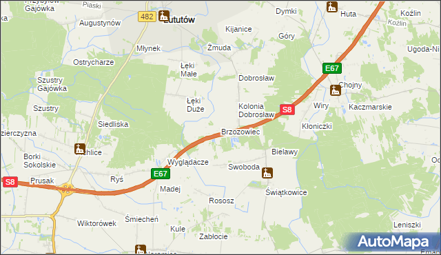 mapa Brzozowiec gmina Lututów, Brzozowiec gmina Lututów na mapie Targeo