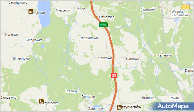 mapa Brzozowo gmina Przybiernów, Brzozowo gmina Przybiernów na mapie Targeo