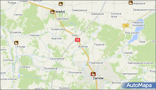 mapa Budków gmina Żarnów, Budków gmina Żarnów na mapie Targeo