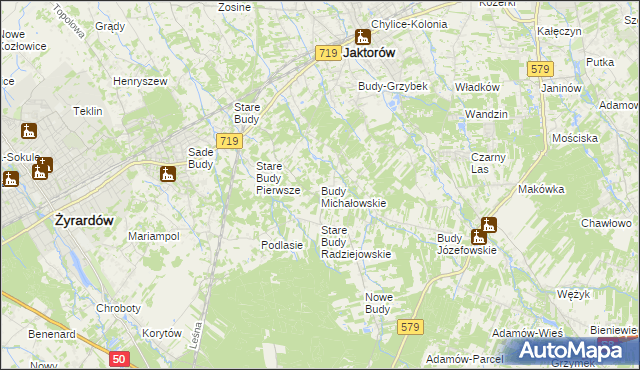 mapa Budy Michałowskie gmina Jaktorów, Budy Michałowskie gmina Jaktorów na mapie Targeo