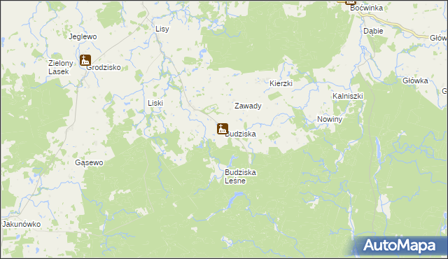 mapa Budziska gmina Banie Mazurskie, Budziska gmina Banie Mazurskie na mapie Targeo