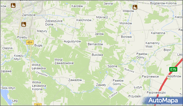 mapa Bukowa gmina Bełchatów, Bukowa gmina Bełchatów na mapie Targeo